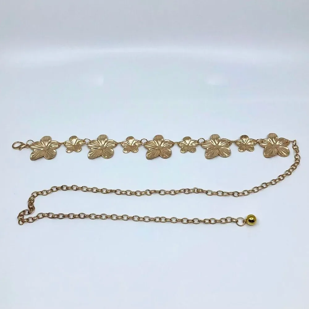 Vintage Y2K Boho Gold Flower Chain Belt, Fits 12.5–36 Inches, X7GA1179
